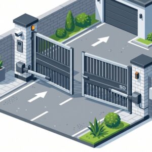 Изометрическая иллюстрация распашных ворот для гаража в современном плоском стиле на белом фоне